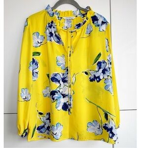 Counterparts Yellow Floral Blouse Ruffle Neck Tie Front Popover Size Small
